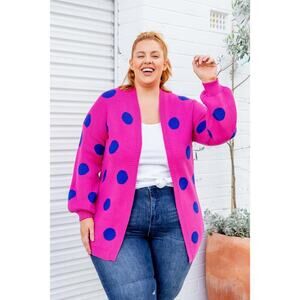 Proud Poppy Polka Dot Tunic Cardigan Sweater Open Front Fuchsia Womens Size L/XL